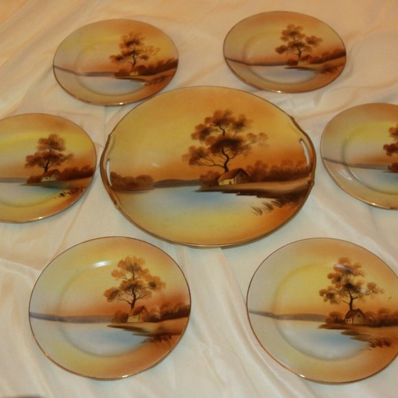 Noritake Vintage Scenic Cake Plate Dishes 7 piece Serving Hand Painted Set - Picture 1 of 5